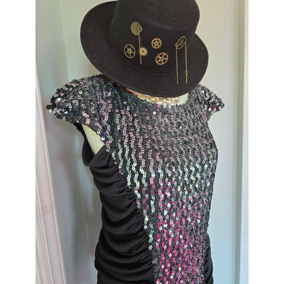 Vintage Climax Dress David Howard Sequin Bodycon ruched side flutter sleeves - Picture 6 of 9